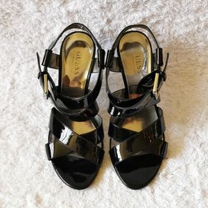 Strapped Open Toe Heels, 7M, Patent Leather, Black